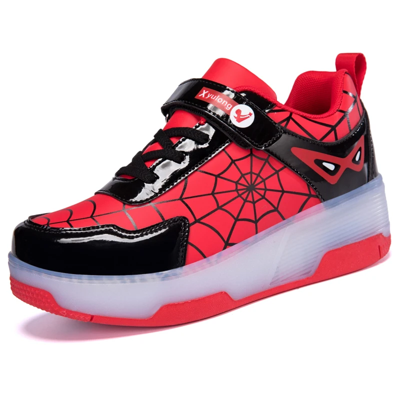 Spider Web Design LED Light up Roller Skates Unisex Children Students Walking Shoes Chargeable Lights Wheel Skate Shoes