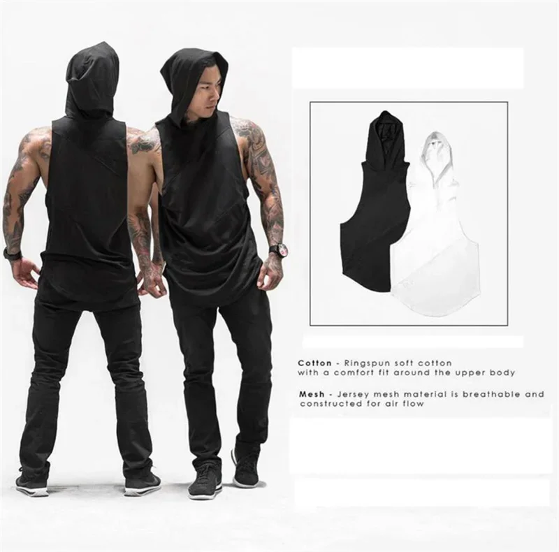 Bodybuilding Cotton Vest HoodiesTank Tops Men Gym  Sleeveless Shirt Fitness Mens Workout Clothing