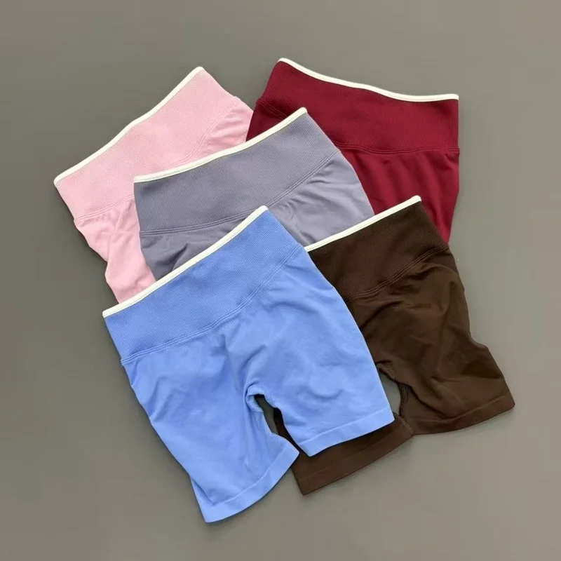Women High Waist Yoga Shorts Contrast Trim Tummy Control Butt Lifting Workout Biker Shorts Fitness Gym Running Sports Shorts