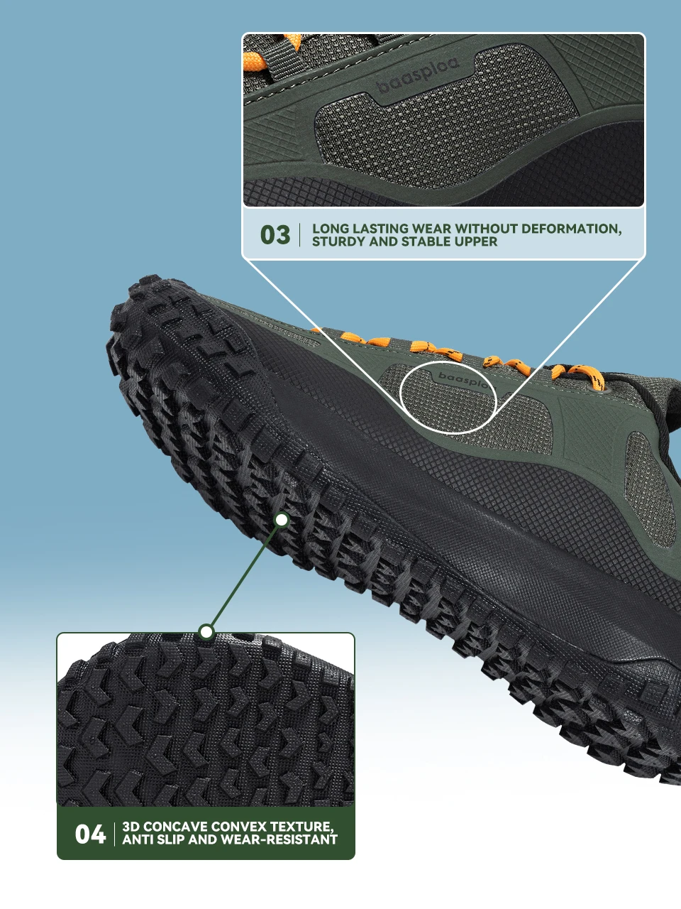 Baasploa Men Hiking Shoes Comfort Soft Waterproof Male Trekking Sneakers Fashion Resistant Non-slip Outdoor Climbing Shoes