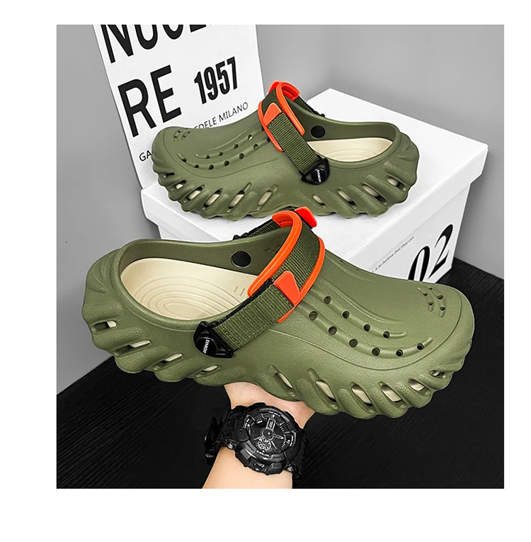 Brand Men's Slip-on Shoes - Soft and Comfortable Holey Shoes Outdoor Waterproof Heightening Cool Shoes EVA Driving Shoe