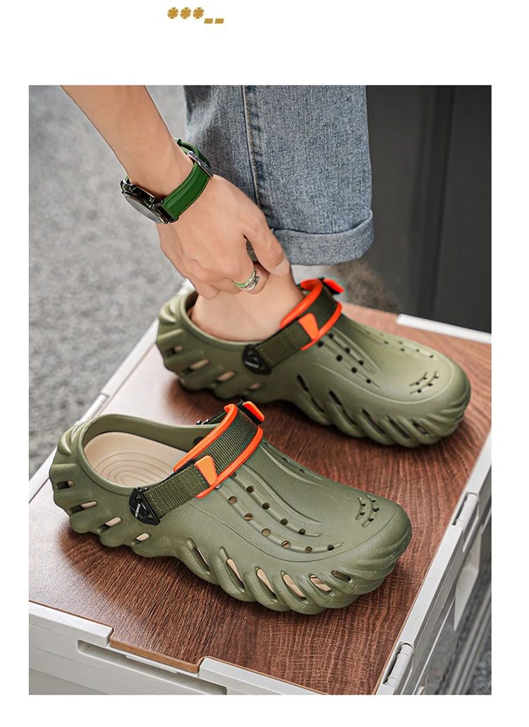 Brand Men's Slip-on Shoes - Soft and Comfortable Holey Shoes Outdoor Waterproof Heightening Cool Shoes EVA Driving Shoe