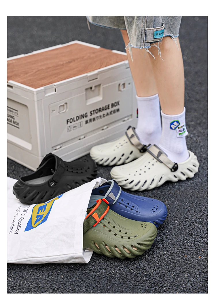 Brand Men's Slip-on Shoes - Soft and Comfortable Holey Shoes Outdoor Waterproof Heightening Cool Shoes EVA Driving Shoe