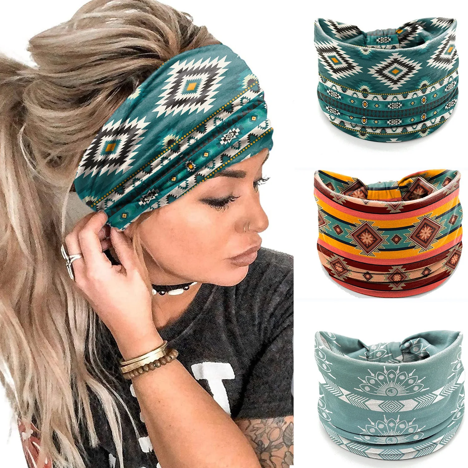 Ladies Wide Elastic Hairband with African Print Knot Sports Yoga Headband Women's Hair Accessory