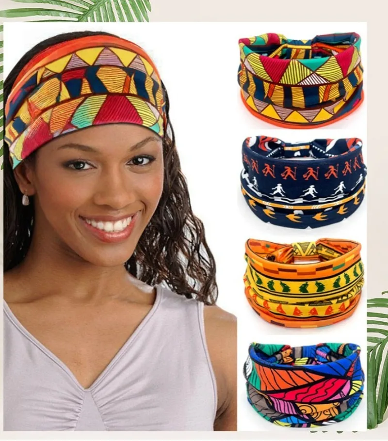 Ladies Wide Elastic Hairband with African Print Knot Sports Yoga Headband Women's Hair Accessory