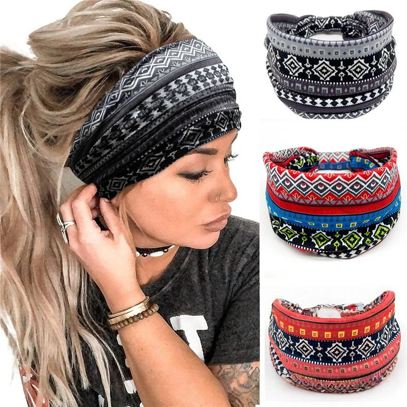 Ladies Wide Elastic Hairband with African Print Knot Sports Yoga Headband Women's Hair Accessory