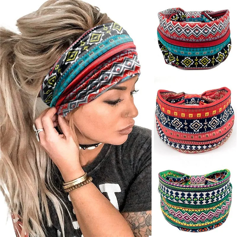 Ladies Wide Elastic Hairband with African Print Knot Sports Yoga Headband Women's Hair Accessory