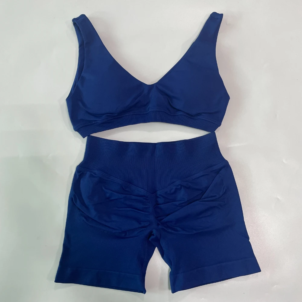 2 Pieces Seamless Yoga Set Women Scoop Backless Sports Bra V Neck Top Scrunch Shorts Yoga Suit Outfits Gym Clothes Workout Sets