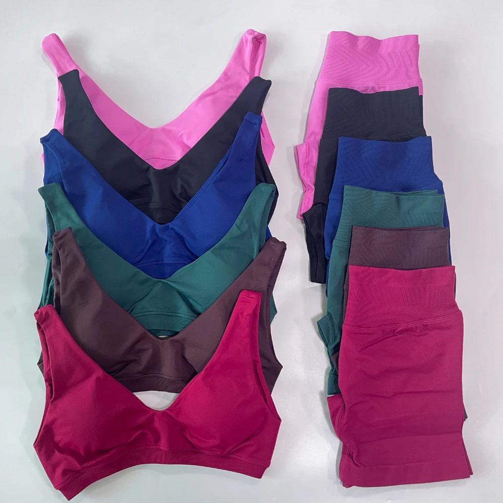 2 Pieces Seamless Yoga Set Women Scoop Backless Sports Bra V Neck Top Scrunch Shorts Yoga Suit Outfits Gym Clothes Workout Sets