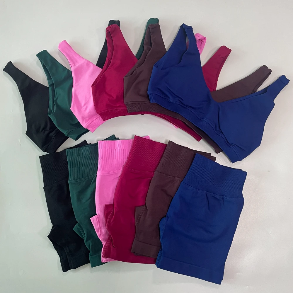 2 Pieces Seamless Yoga Set Women Scoop Backless Sports Bra V Neck Top Scrunch Shorts Yoga Suit Outfits Gym Clothes Workout Sets