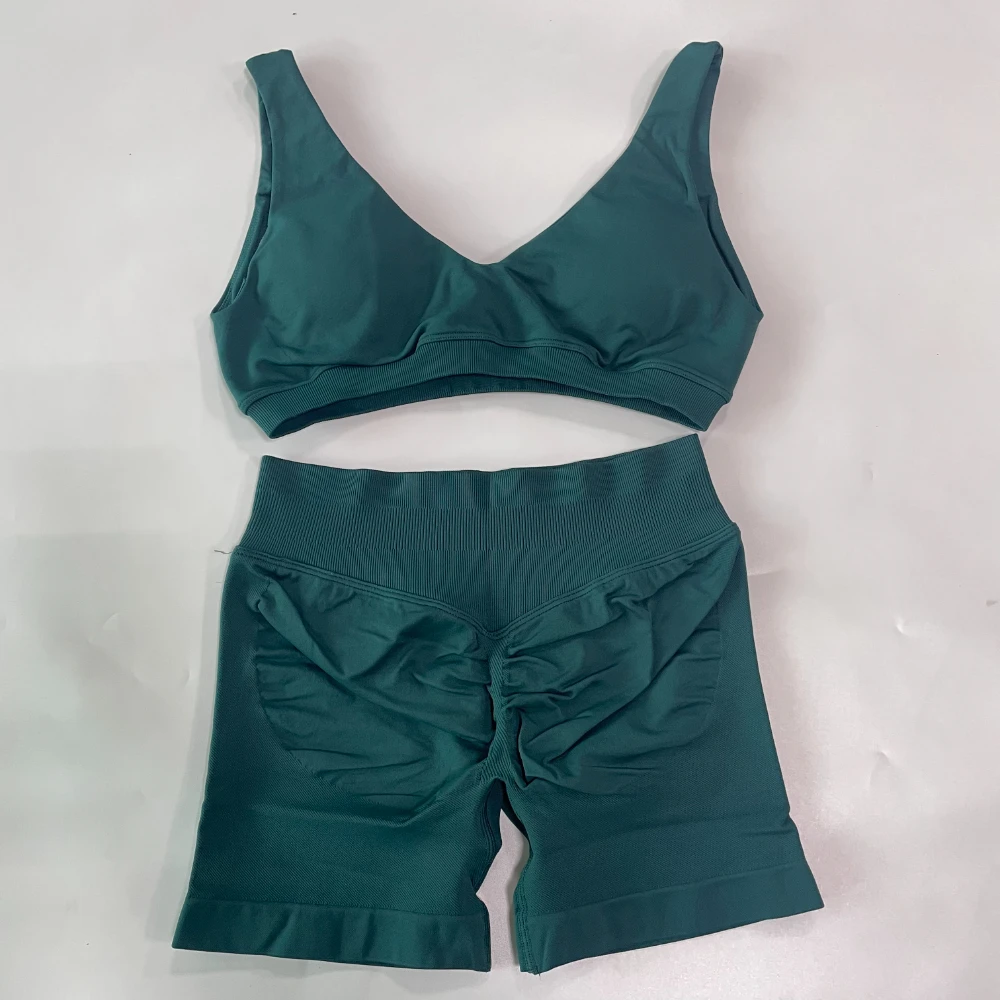 2 Pieces Seamless Yoga Set Women Scoop Backless Sports Bra V Neck Top Scrunch Shorts Yoga Suit Outfits Gym Clothes Workout Sets