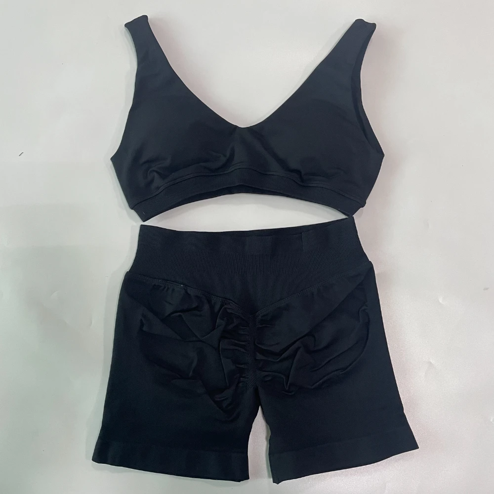 2 Pieces Seamless Yoga Set Women Scoop Backless Sports Bra V Neck Top Scrunch Shorts Yoga Suit Outfits Gym Clothes Workout Sets