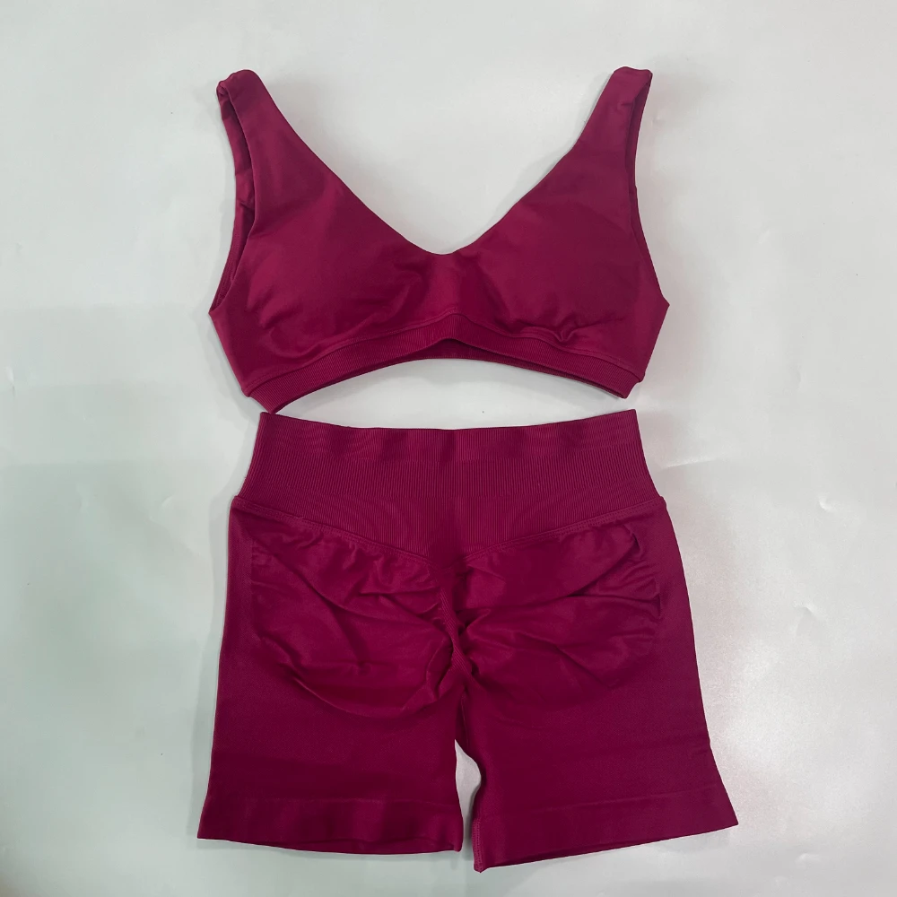 2 Pieces Seamless Yoga Set Women Scoop Backless Sports Bra V Neck Top Scrunch Shorts Yoga Suit Outfits Gym Clothes Workout Sets