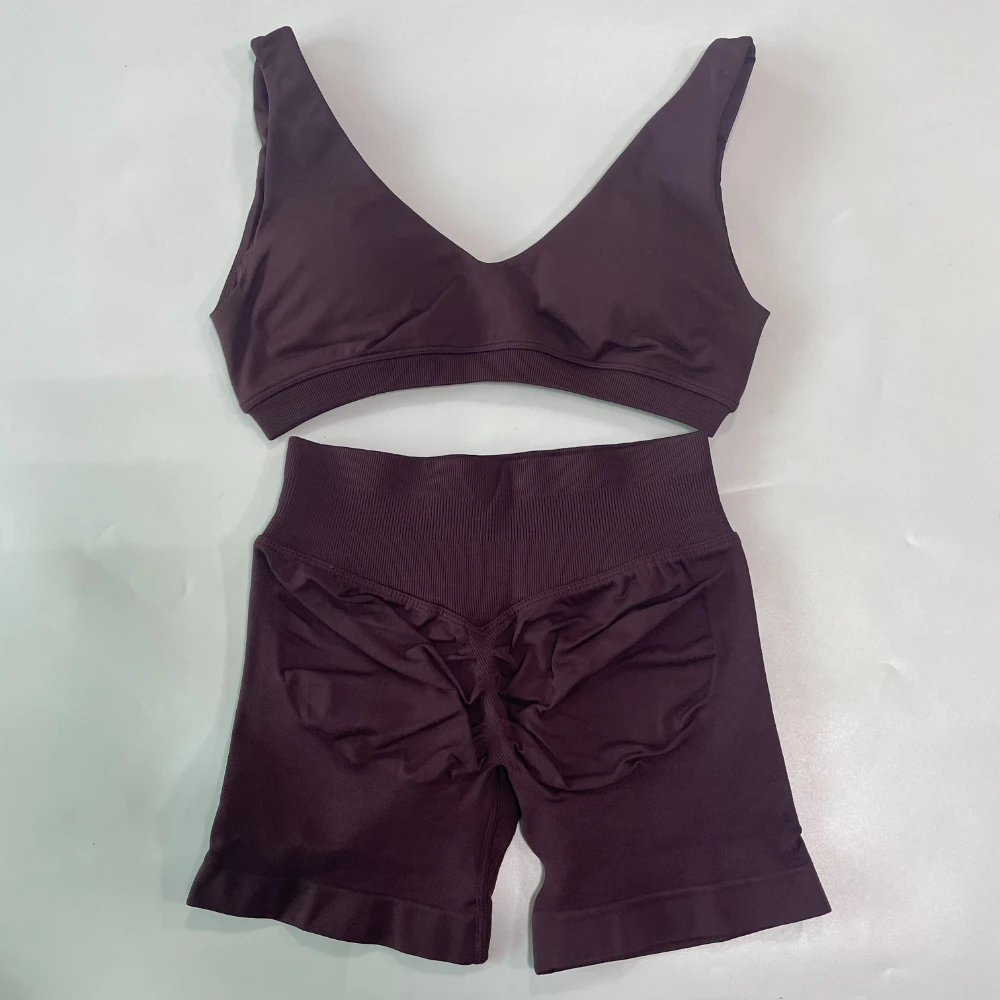 2 Pieces Seamless Yoga Set Women Scoop Backless Sports Bra V Neck Top Scrunch Shorts Yoga Suit Outfits Gym Clothes Workout Sets