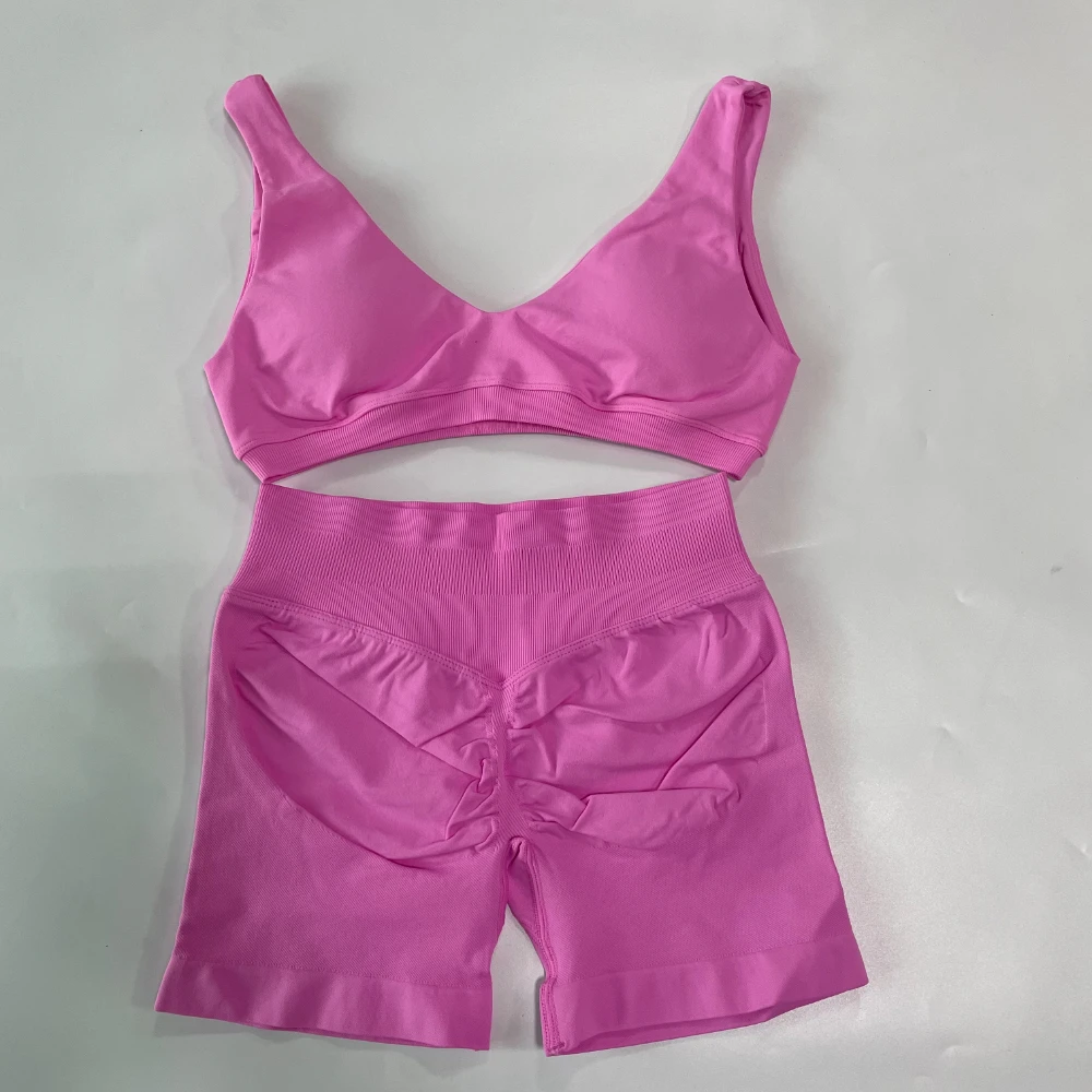 2 Pieces Seamless Yoga Set Women Scoop Backless Sports Bra V Neck Top Scrunch Shorts Yoga Suit Outfits Gym Clothes Workout Sets
