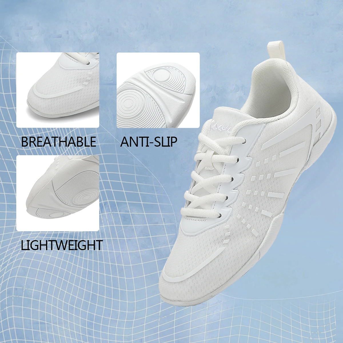 2411 Girls White Cheerleading Sneakers Mesh Upper Breathable Aerobics Shoes Non‑slip Soft Sole Youth Women Dancing Sports Shoes