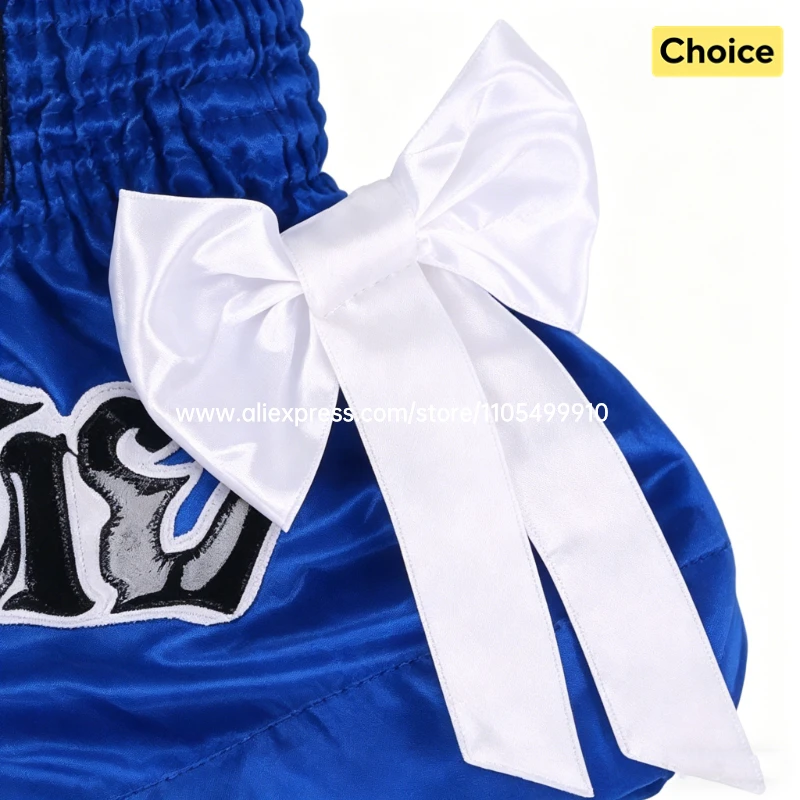 Thai Boxing Shorts Black White Fight Kickboxing Shorts Men Women Kids Muay Thai Boxing Shorts Bow Ribbons Gym MMA Training Pants