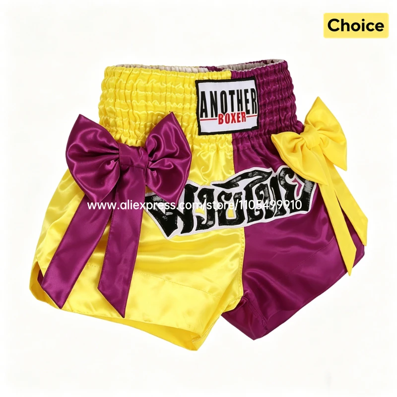 Thai Boxing Shorts Black White Fight Kickboxing Shorts Men Women Kids Muay Thai Boxing Shorts Bow Ribbons Gym MMA Training Pants