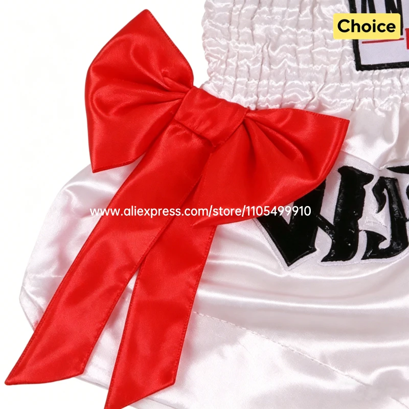 Thai Boxing Shorts Black White Fight Kickboxing Shorts Men Women Kids Muay Thai Boxing Shorts Bow Ribbons Gym MMA Training Pants