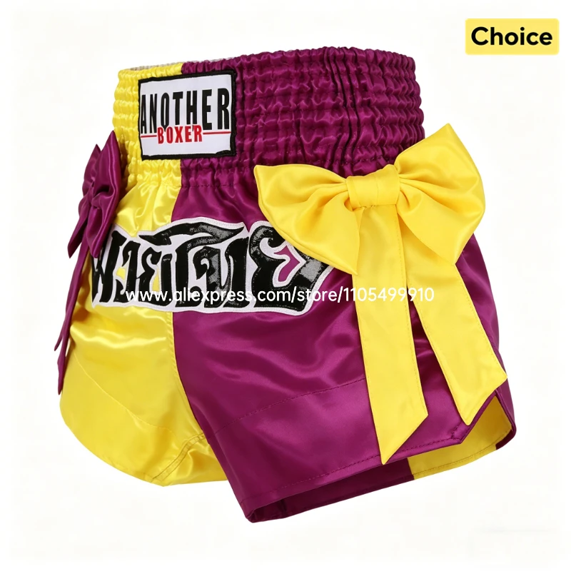 Thai Boxing Shorts Black White Fight Kickboxing Shorts Men Women Kids Muay Thai Boxing Shorts Bow Ribbons Gym MMA Training Pants