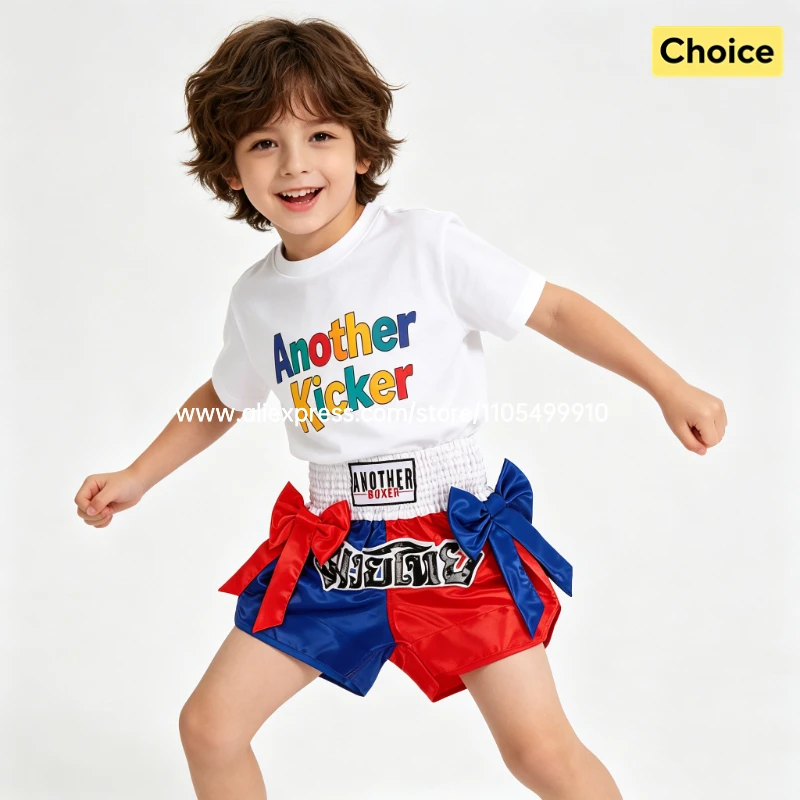 Thai Boxing Shorts Black White Fight Kickboxing Shorts Men Women Kids Muay Thai Boxing Shorts Bow Ribbons Gym MMA Training Pants