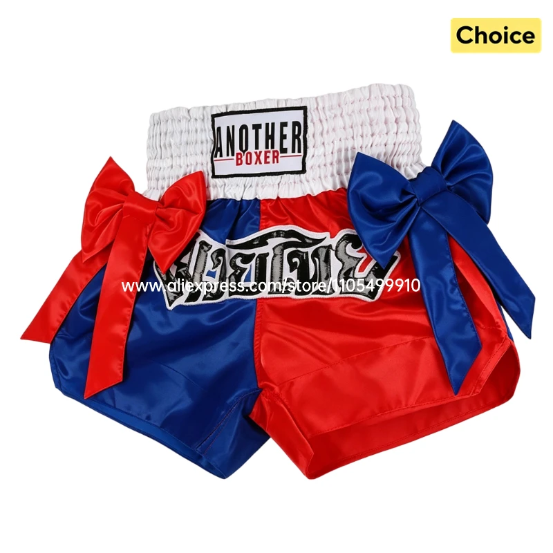 Thai Boxing Shorts Black White Fight Kickboxing Shorts Men Women Kids Muay Thai Boxing Shorts Bow Ribbons Gym MMA Training Pants