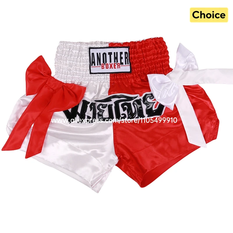 Thai Boxing Shorts Black White Fight Kickboxing Shorts Men Women Kids Muay Thai Boxing Shorts Bow Ribbons Gym MMA Training Pants