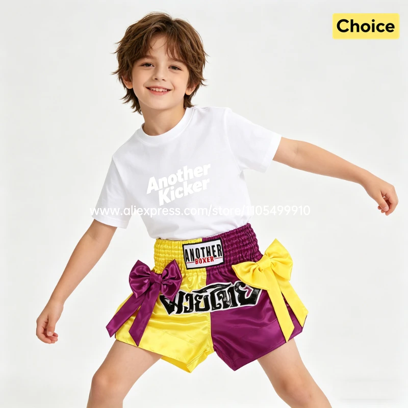 Thai Boxing Shorts Black White Fight Kickboxing Shorts Men Women Kids Muay Thai Boxing Shorts Bow Ribbons Gym MMA Training Pants