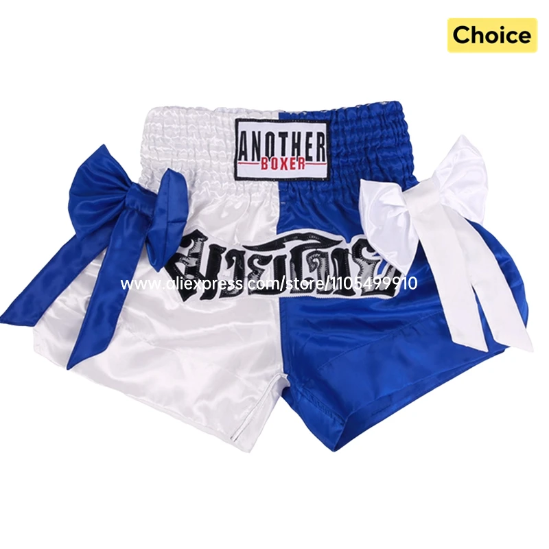 Thai Boxing Shorts Black White Fight Kickboxing Shorts Men Women Kids Muay Thai Boxing Shorts Bow Ribbons Gym MMA Training Pants