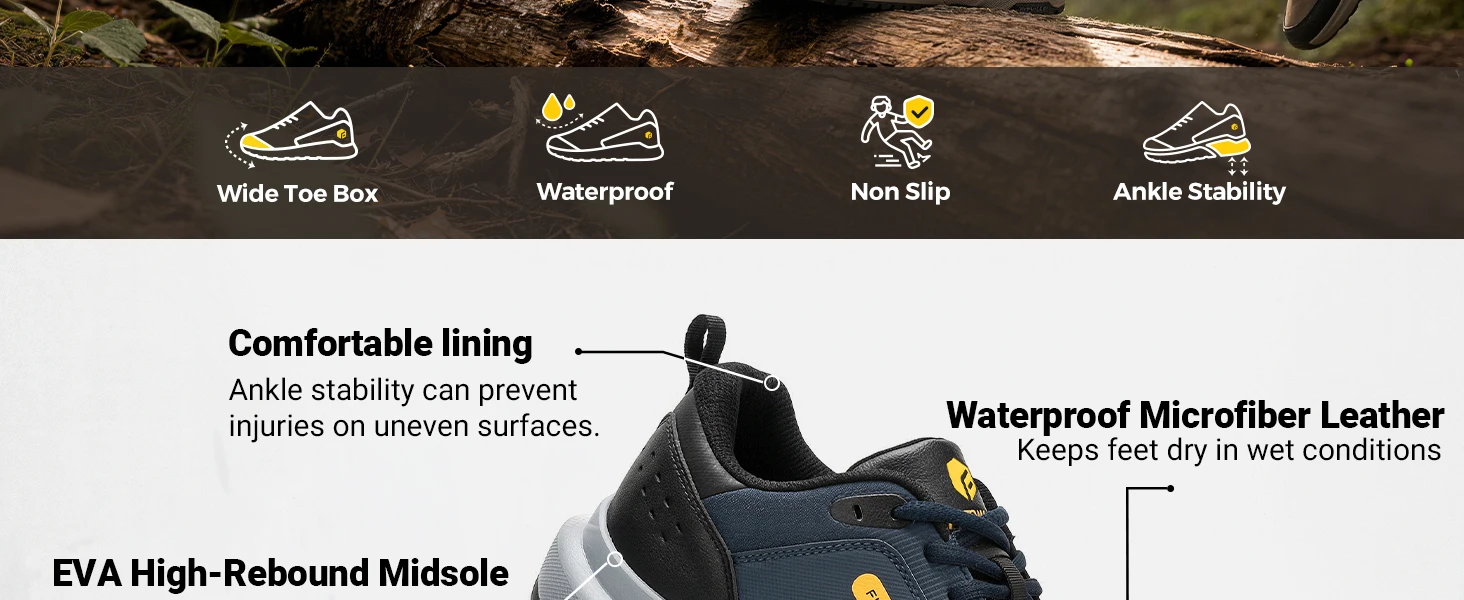 FitVille Extra Wide Hiking Shoes Waterproof Outdoor Non-slip Trail Climbing Shoes for Men Work Casual Sneakers Breathable