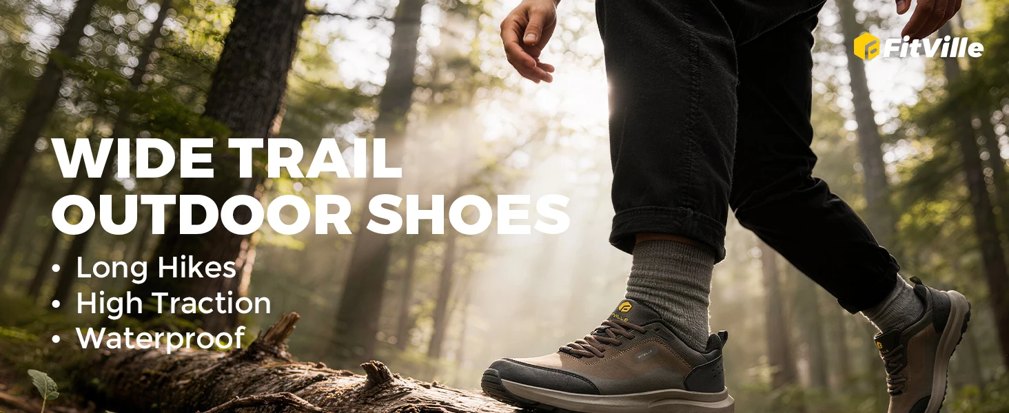 FitVille Extra Wide Hiking Shoes Waterproof Outdoor Non-slip Trail Climbing Shoes for Men Work Casual Sneakers Breathable