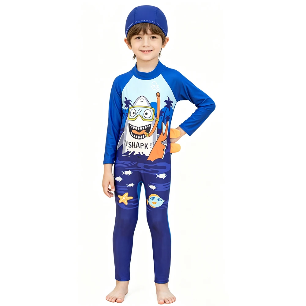 Boys Swimsuit Toddler 3 4 5 6 7 8 9 Years One Piece Kid Swimwear with Cap Long Sleeve Full Body UV Protection Beach Bathing Suit