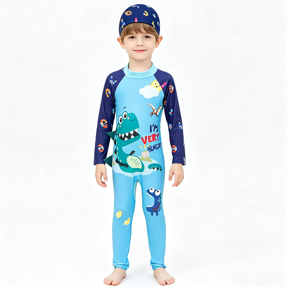 Boys Swimsuit Toddler 3 4 5 6 7 8 9 Years One Piece Kid Swimwear with Cap Long Sleeve Full Body UV Protection Beach Bathing Suit