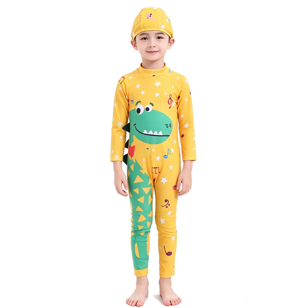 Boys Swimsuit Toddler 3 4 5 6 7 8 9 Years One Piece Kid Swimwear with Cap Long Sleeve Full Body UV Protection Beach Bathing Suit