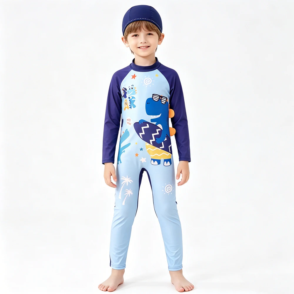 Boys Swimsuit Toddler 3 4 5 6 7 8 9 Years One Piece Kid Swimwear with Cap Long Sleeve Full Body UV Protection Beach Bathing Suit