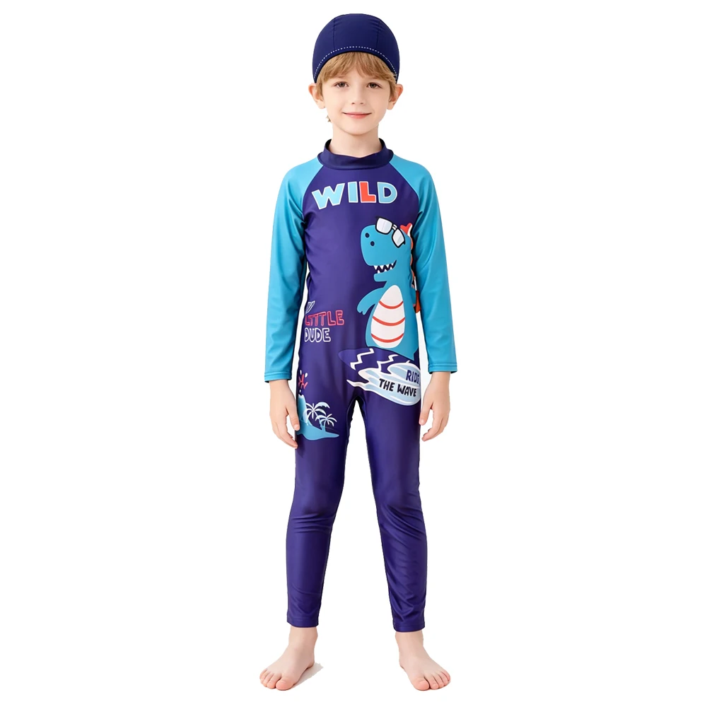 Boys Swimsuit Toddler 3 4 5 6 7 8 9 Years One Piece Kid Swimwear with Cap Long Sleeve Full Body UV Protection Beach Bathing Suit