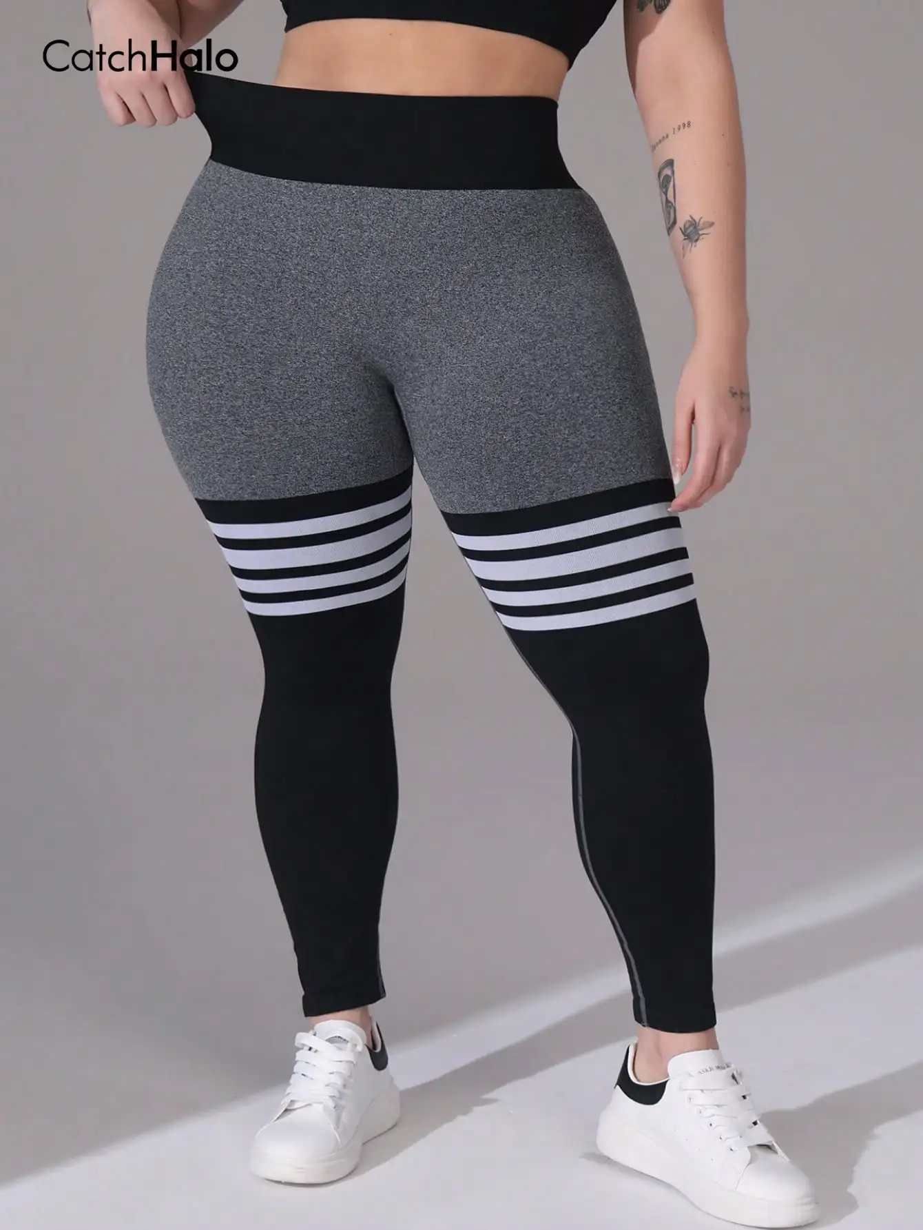 Plus Size Women Seamless Yoga Leggings Contrast Stripe High Waist Tummy Control Butt Lift Fitness Workout Gym Tights