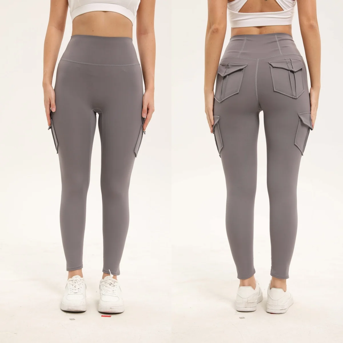Women's Solid Color Gym Leggings High Waisted Fitness Yoga Pants Practical Pocket Stretch Outdoors Sports Cargo Styles Pants