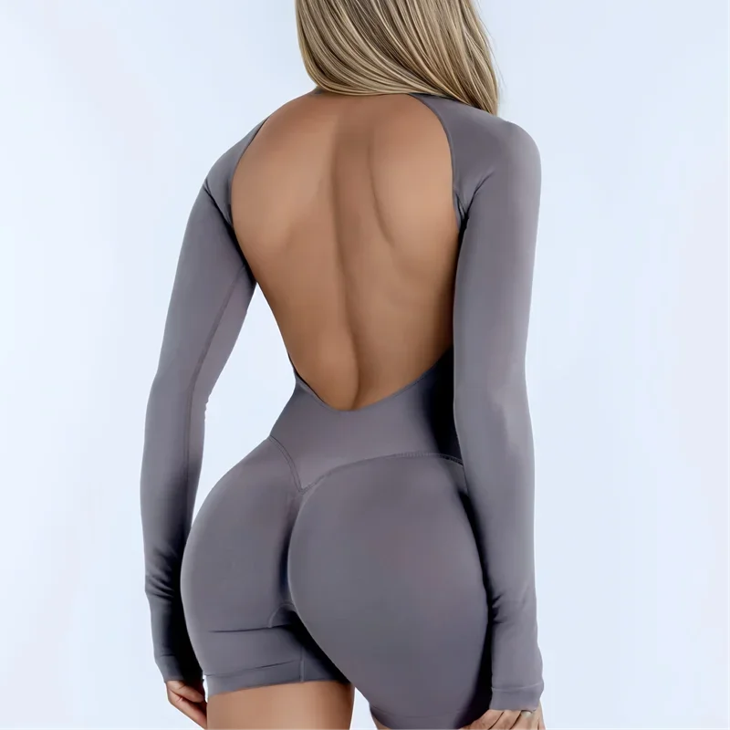 HISTELLO Gym Jumpsuit Long Sleeve One Piece Women Slim Fit Elastic Yoga Clothing Running Workout Pilates Fitness Sports Bodysuit