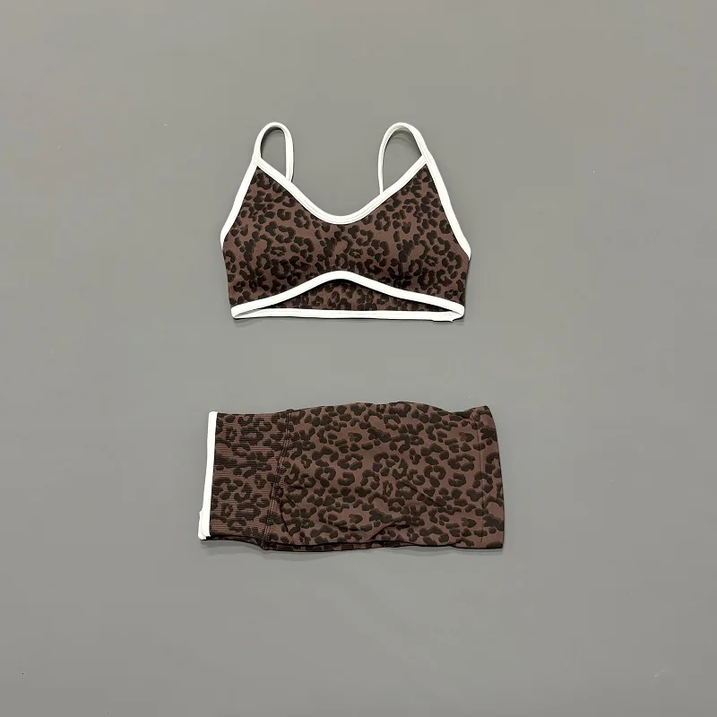 2 Pieces Leopard Print Sports Set Women Seamless Yoga Bra & High Waist Scrunch Butt Shorts Gym Workout Slim Fit Outfit