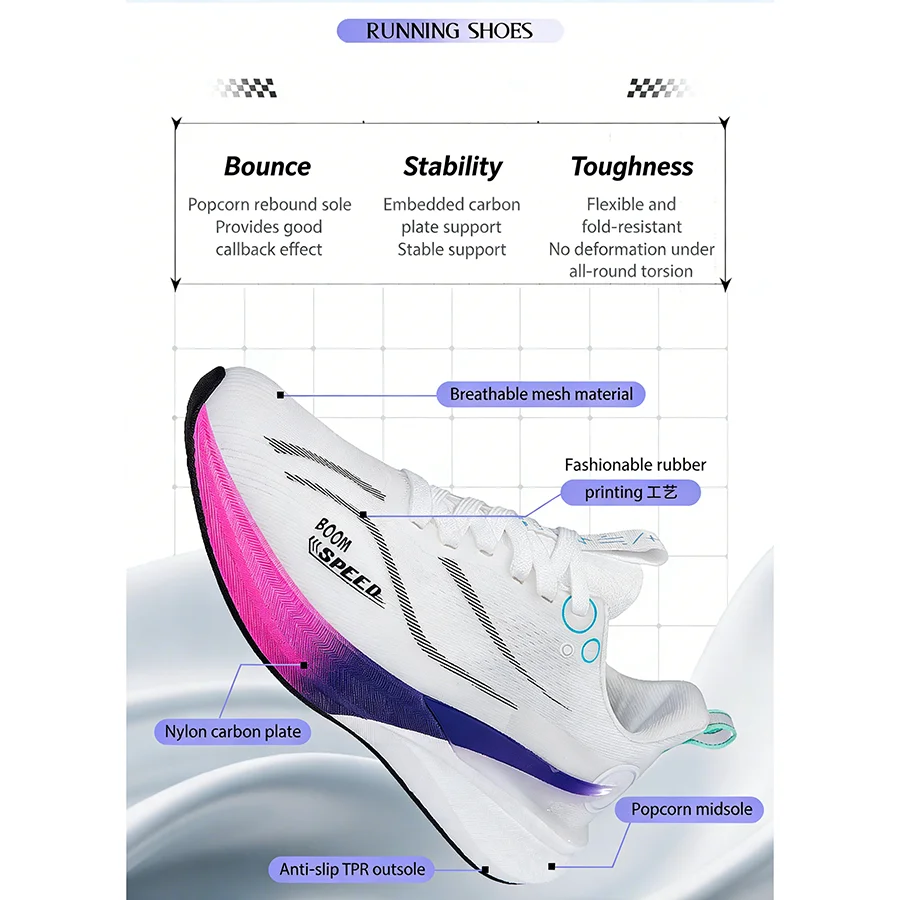 Carbon Fiber Running Shoes Breathable Mesh Stability Sole for Marathon Race Road Training Men Women Lightweight Shock Absorption