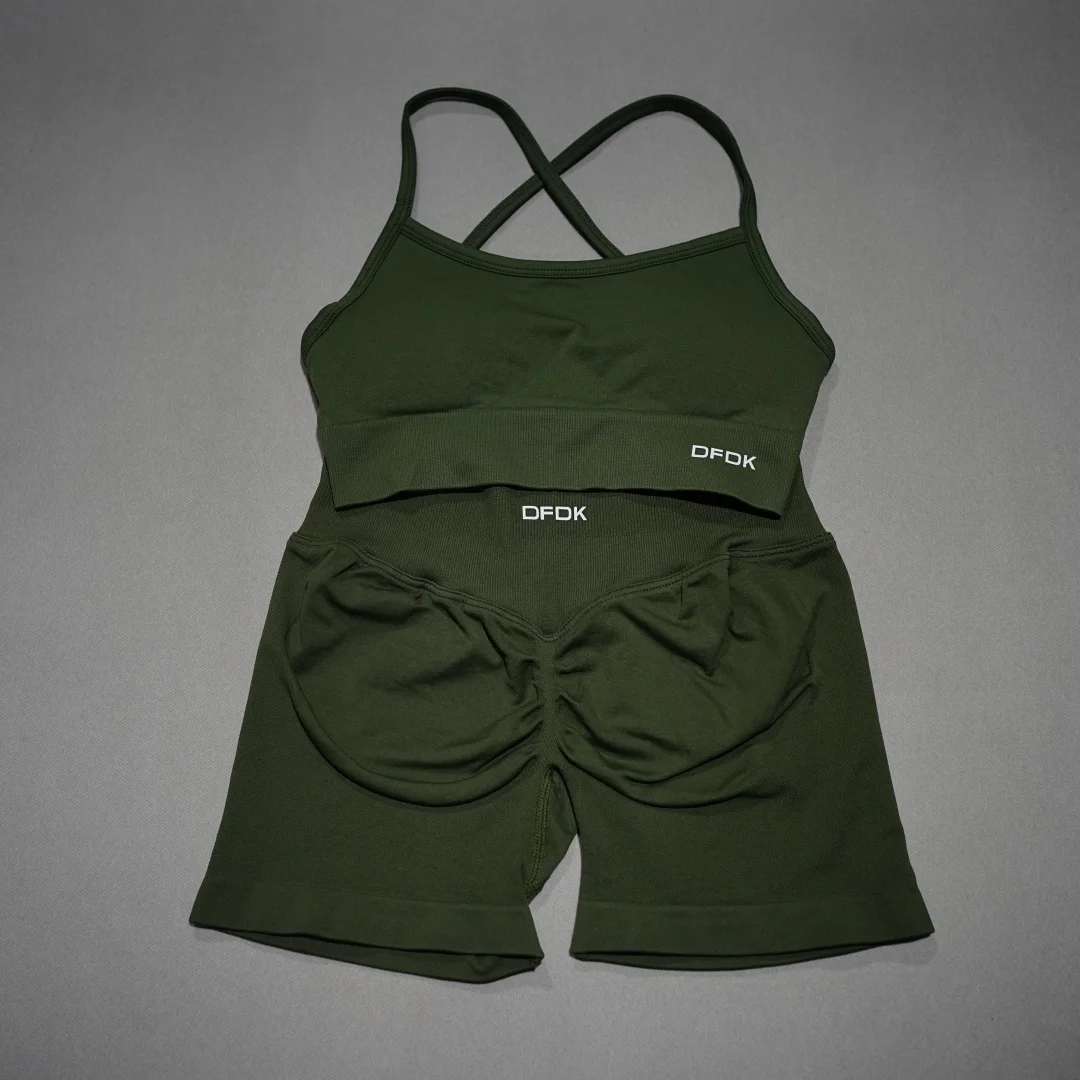 DFDK Women Seamless 2 Piece Workout Set Lace Up Sports Bra High Waist Short Leggings Yoga Gym Cycling Running Activewear