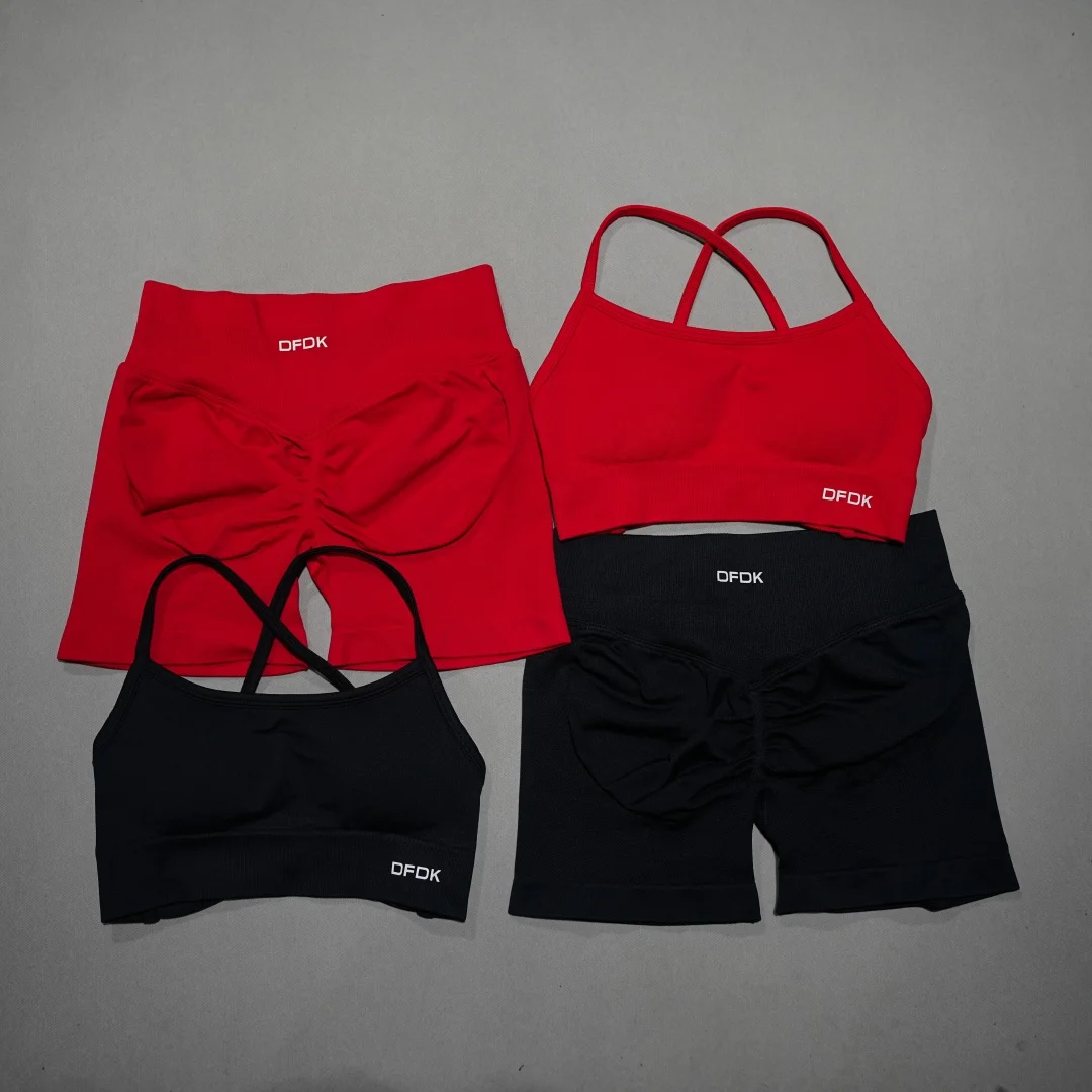 DFDK Women Seamless 2 Piece Workout Set Lace Up Sports Bra High Waist Short Leggings Yoga Gym Cycling Running Activewear