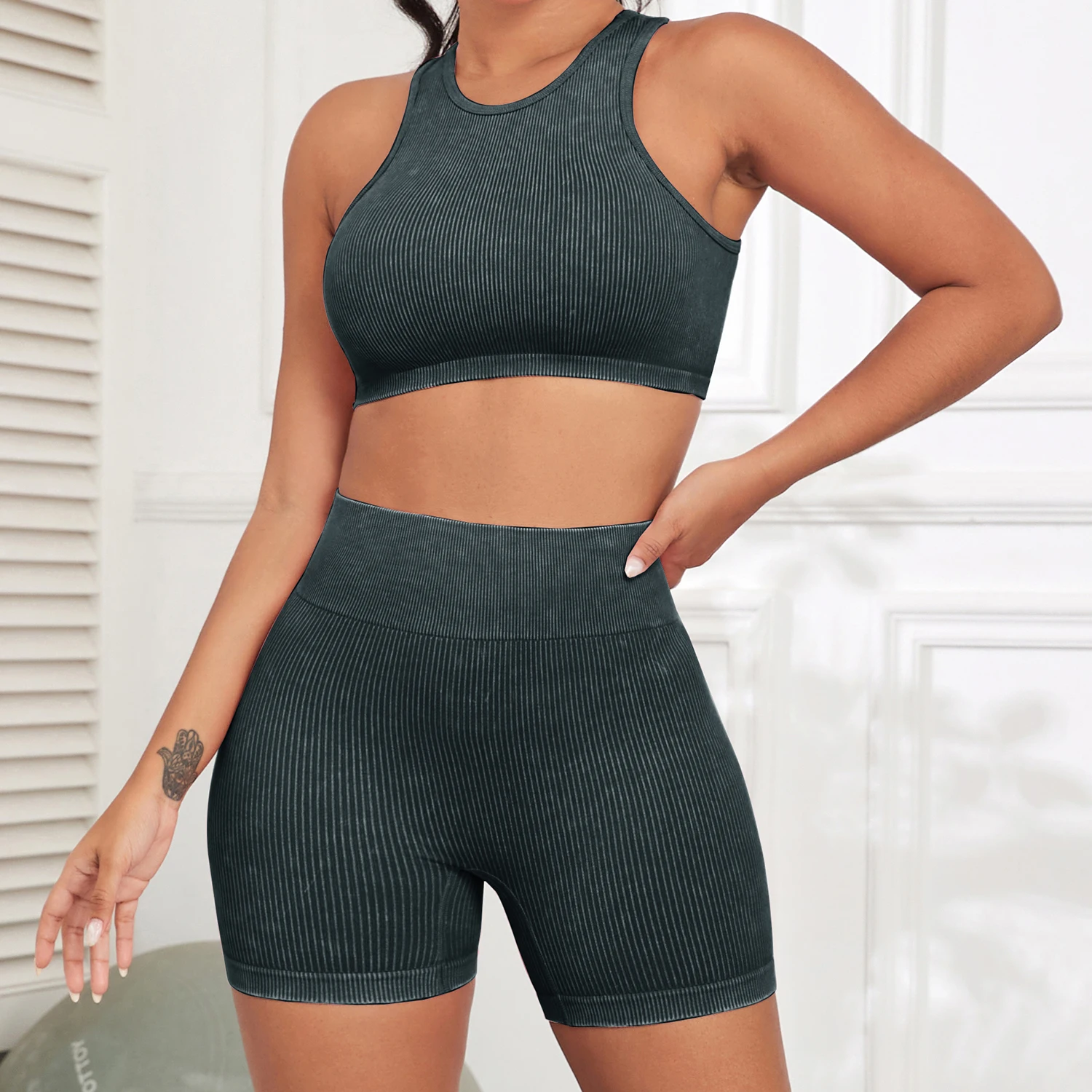 Washed Ribbed 2-Piece Yoga Set High Waist Biker Shorts Crop Top Women's Seamless Workout Outfit Gym Fitness Activewear