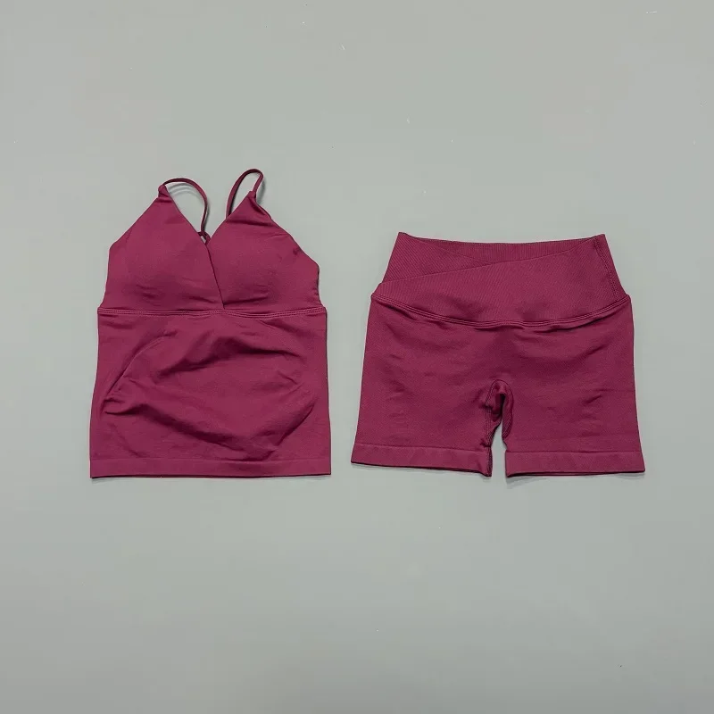 2 Pcs Sports Set Women Twist Front Longline Top Seamless Cross Waist Quick Dry Yoga Shorts Suit Gym Running Workout Fitness Sets