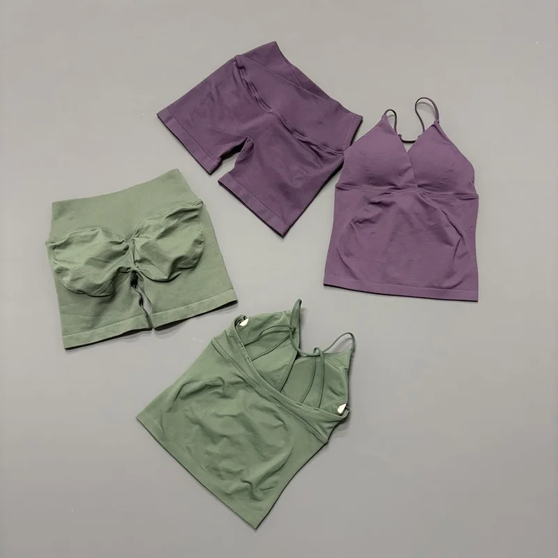 2 Pcs Sports Set Women Twist Front Longline Top Seamless Cross Waist Quick Dry Yoga Shorts Suit Gym Running Workout Fitness Sets