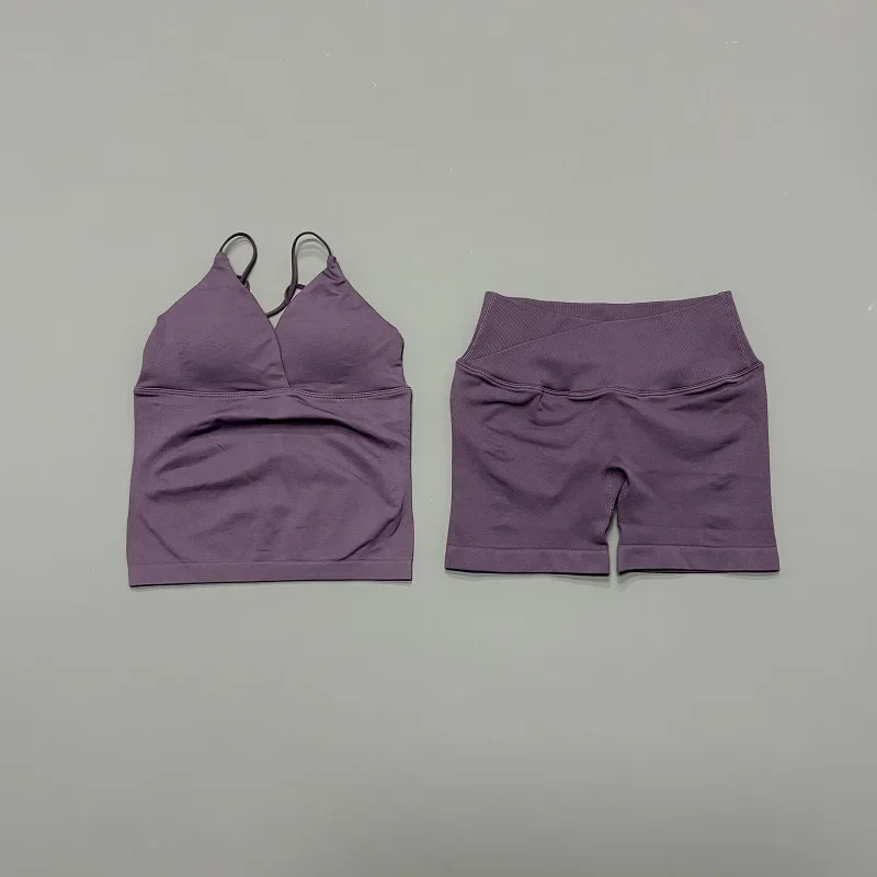 2 Pcs Sports Set Women Twist Front Longline Top Seamless Cross Waist Quick Dry Yoga Shorts Suit Gym Running Workout Fitness Sets
