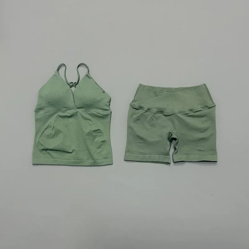 2 Pcs Sports Set Women Twist Front Longline Top Seamless Cross Waist Quick Dry Yoga Shorts Suit Gym Running Workout Fitness Sets