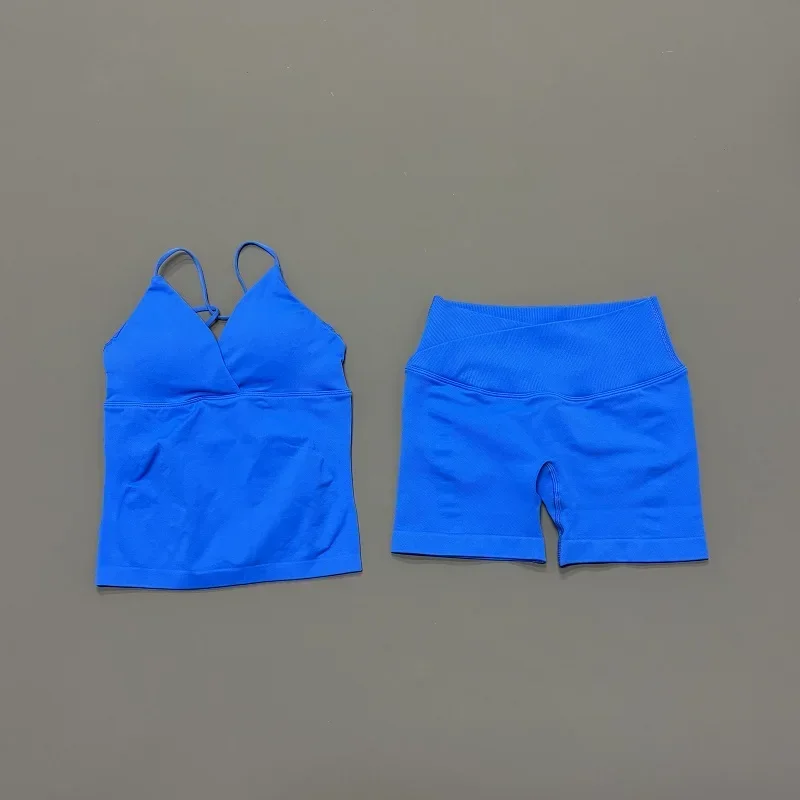2 Pcs Sports Set Women Twist Front Longline Top Seamless Cross Waist Quick Dry Yoga Shorts Suit Gym Running Workout Fitness Sets