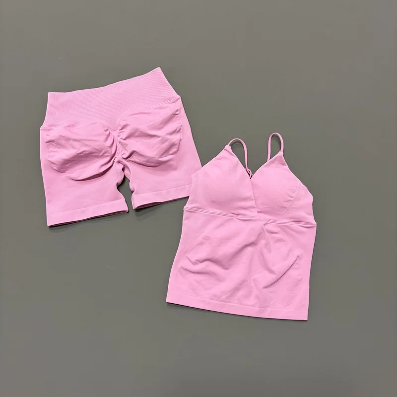 2 Pcs Sports Set Women Twist Front Longline Top Seamless Cross Waist Quick Dry Yoga Shorts Suit Gym Running Workout Fitness Sets